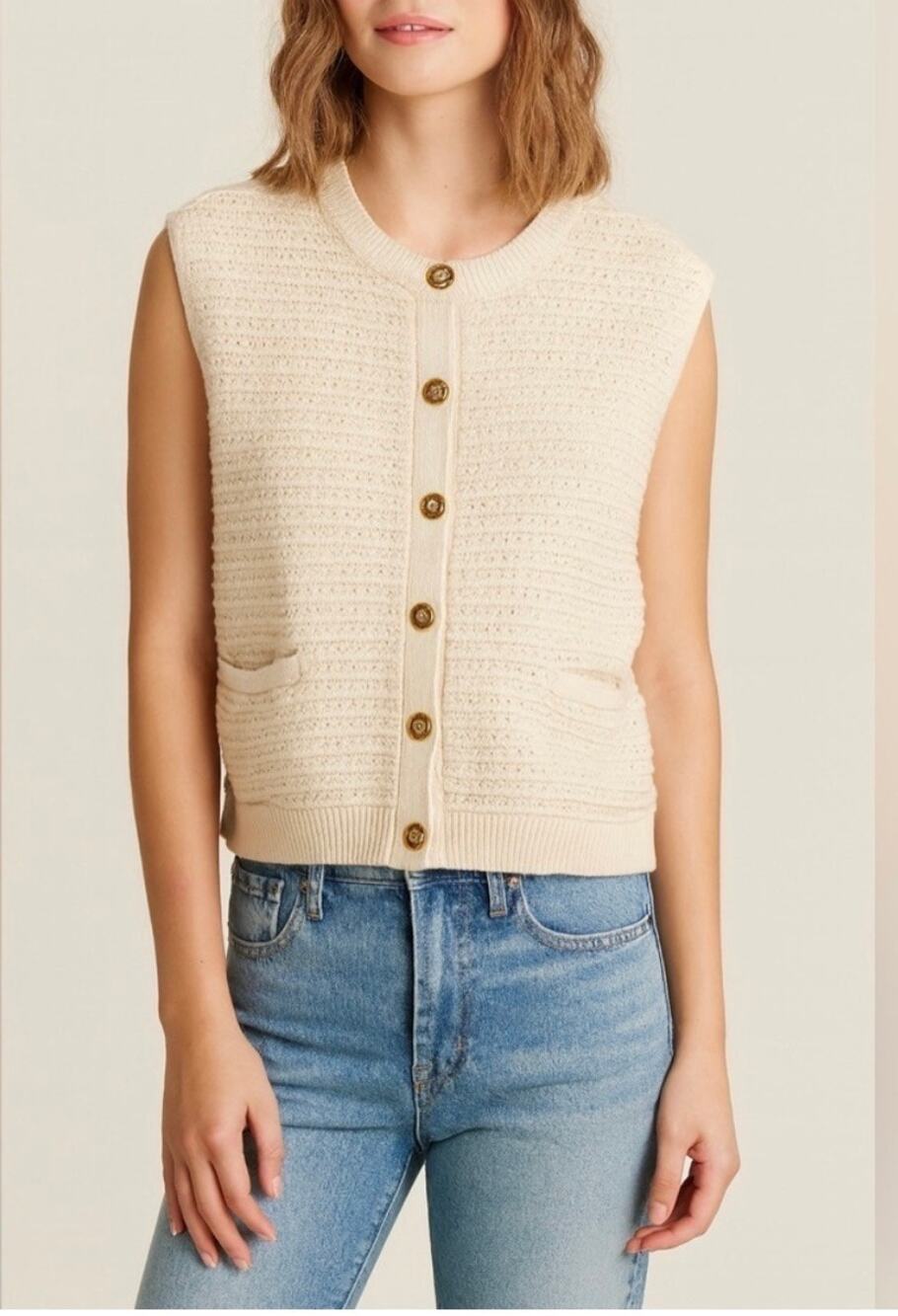 Magaschoni Chunky Open Knit Sleeveless Sweater Vest Cream M